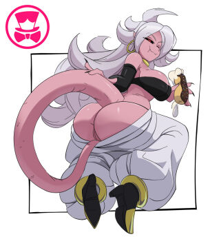 1girl android_21 ass black_sclera breasts cleft_of_venus colored_sclera colored_skin detached_sleeves dragon_ball dragon_ball_fighterz earrings eating eclair_(food) female_focus flashing flashing_ass food full_body harem_pants huge_ass jewelry large_breasts long_hair looking_at_viewer majin_android_21 monster_girl mooning nail_polish no_panties one_eye_closed pants pink_skin pointy_ears pussy red_eyes schpicy solo tail white_hair