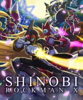 1girl 5boys android antennae arm_cannon armor black_armor black_helmet black_mask blast_hornet_(mega_man) blonde_hair blue_eyes boots closed_mouth commentary_request copyright_name covered_mouth dual_wielding energy_sword extra_arms falling_petals flapping floating_hair flying forehead_jewel full_moon gloves glowing green_eyes green_hair helmet highres holding holding_kunai holding_sword holding_weapon hoshi_mikan insect_wings kuji-in kunai long_hair looking_at_viewer magna_centipede_(mega_man) marino_(mega_man) mask mega_man_(series) mega_man_x2 mega_man_x3 mega_man_x4 mega_man_x6 mega_man_x:_command_mission mega_man_x_(series) moon mouth_mask multiple_boys ninja ninja_mask non-humanoid_robot outdoors petals pink_armor pink_boots pink_helmet ponytail red_armor red_eyes red_helmet robot robot_animal robot_ears romaji_text serious shadow_armor_x_(mega_man) sitting sword trait_connection upside-down very_long_hair weapon web_spider_(mega_man) white_gloves wings x_(mega_man) z_saber zero_(mega_man)