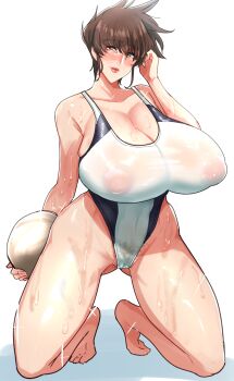 1girl aged_up alternate_breast_size_(larger) armpits ball barefoot breasts brown_eyes brown_hair cameltoe covered_erect_nipples covered_navel curvy dodgeball female_focus grandma highleg highleg_leotard highleg_one-piece_swimsuit honoo_no_toukyuuji:_dodge_danpei huge_breasts ichigeki_haruka kneeling legs_together leotard mature_female old old_woman one-piece_swimsuit pubic_hair saruuchi shiny_clothes shiny_skin short_hair simple_background smile solo standing swimsuit thick_thighs thighs volleyball_(object) white_background wide_hips