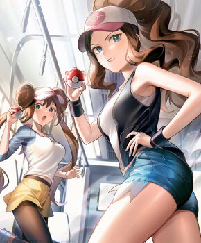 Rule 34 | 2girls, baseball cap, blue eyes, blue shorts, breasts, brown hair, denim, denim shorts, donut hair bun, double bun, hair bun, hand on own hip, hat, highres, hilda (pokemon), holding, holding poke ball, large breasts, medium breasts, multiple girls, nintendo, pantyhose, pantyhose under shorts, poke ball, poke ball (basic), pokemon, pokemon bw, pokemon bw2, ponytail, raglan sleeves, rosa (pokemon), saiun (ckap8245), short shorts, shorts, thighs, train interior, twintails, visor cap, yellow shorts