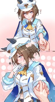1girl absurdres animal_ears ascot black_shorts blue_cape blue_eyes blush breasts brown_hair cape cheval_grand_(grand_itineraire)_(umamusume) cheval_grand_(umamusume) commentary_request ear_covers ears_through_headwear gloves hair_between_eyes hat hat_belt hetero highres holding_hands horse_ears horse_girl horse_tail jacket looking_at_viewer midriff_peek multicolored_hair peaked_cap pov shorts simple_background single_glove solo streaked_hair synzmayu tail umamusume white_hair white_hat white_jacket yellow_ascot