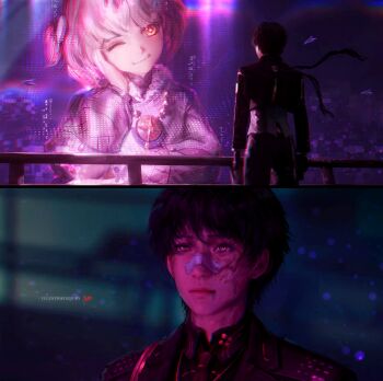 Rule 34 | 1boy, absurdres, aemeath (wuthering waves), aemeath (young) (wuthering waves), artist name, black hair, black jacket, blade runner (series), blade runner 2049, chromatic aberration, closed mouth, commentary, english commentary, hand on own face, highres, hologram, jacket, jvn, looking at another, male rover (wuthering waves), meme, one eye closed, orange eyes, pink hair, rover (wuthering waves), short hair, smile, solo, star-shaped pupils, star (symbol), symbol-shaped pupils, wuthering waves, you look lonely (meme)