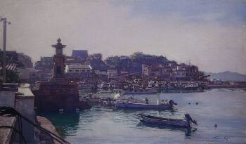 apartment boat building buoy commentary_request day naohiro_ito no_humans oil_painting_(medium) original painting_(medium) photorealistic port realistic scenery shadow shore stone_lantern town traditional_media water watercraft