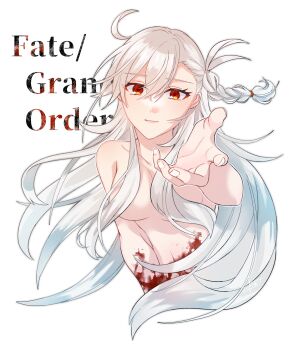 1girl antenna_hair blood braid breasts closed_mouth commentary_request completely_nude convenient_censoring copyright_name cropped_torso crossed_bangs fate/grand_order fate_(series) fingernails floating_hair hair_between_eyes hair_over_breasts highres long_hair looking_at_viewer matsuda_(2139845) medium_breasts nude olga_marie_animusphere orange_eyes reaching reaching_towards_viewer signature simple_background solo very_long_hair white_background white_hair