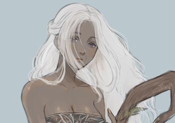 1girl bare_shoulders braid breasts cleavage commentary_request curtained_hair dark_skin elden_ring elden_ring_nightreign eyes_visible_through_hair grey_background half_up_braid half_updo highres holding holding_staff long_hair mage_staff mole mole_on_breast no_headwear purple_eyes recluse_(elden_ring) solo staff upper_body white_hair yamanobori