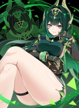 1girl animal animal_on_lap ashru_(genshin_impact) black_cat bob_cut bracelet breasts cat cat_on_lap commentary facial_mark genshin_impact green_eyes green_hair highres jewelry large_breasts nefer_(genshin_impact) on_lap qixi_cui_xing smile symbol-shaped_pupils thigh_strap thighs triangle-shaped_pupils