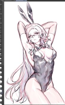 1girl alternate_costume animal_ears aotsuki_eito arms_behind_head arms_up art_program_in_frame bare_shoulders bow bowtie breasts commentary covered_abs cowboy_shot detached_collar elbow_gloves english_commentary fake_animal_ears genderswap genderswap_(mtf) glasses gloves greyscale large_breasts leotard long_hair looking_at_viewer monochrome parted_lips playboy_bunny r314dor rabbit_ears semi-rimless_eyewear solo strapless strapless_leotard the_hundred_line_-last_defense_academy- very_long_hair