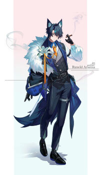 1boy absurdres animal_ears black_gloves black_hair black_shoes black_socks cigarette closed_mouth gloves highres holding holding_cigarette looking_at_viewer necktie original raneld_arsenia_(shotgunman) shoes shotgunman simple_background socks standing standing_on_one_leg tail wolf_ears wolf_tail