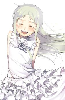1girl ano_hi_mita_hana_no_namae_wo_bokutachi_wa_mada_shiranai. arms_behind_back blush closed_eyes commentary_request crying dress facing_viewer floating_hair grey_hair highres honma_meiko long_hair open_mouth smile solo streaming_tears tears wavy_mouth white_dress yuukyuu_ponzu
