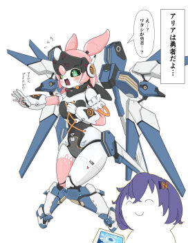 Rule 34 | 2girls, absurdres, aria (zenless zone zero), belle (zenless zone zero), blue archive, blue hair, blush, commentary request, crossed bangs, doodle sensei (blue archive), exoskeleton, fairy (zenless zone zero), green eyes, highres, humanoid robot, joints, mechanical wings, multiple girls, open mouth, robot, robot ears, robot girl, robot joints, sensei (blue archive), shianpurin, smile, sweat, white background, wings, zenless zone zero