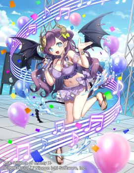 1girl balloon beamed_eighth_notes beamed_sixteenth_notes bikini blue_eyes blue_sky bow bracelet braid breasts brown_horns cloud cloudy_sky concert confetti copyright_notice curly_hair demon_girl demon_horns demon_tail demon_wings double_bun earrings eighth_note frilled_bikini frills green_bow hair_bow hair_bun hair_ornament highres holding holding_microphone horns jewelry large_breasts long_hair masaru.jp microphone music musical_note musical_staff navel official_art open_mouth outdoors pointy_ears purple_bikini purple_hair sandals short_braid singing sky solo sparkle splashing standing standing_on_one_leg swimsuit tail twin_braids ugly_(z/x) wings z/x