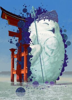 1other animal animal_focus architecture ball beak bird blue_sky closed_eyes east_asian_architecture feathers holding holding_staff ocean original oversized_animal owl portal_(object) ryoubu_torii sky staff standing tiara torii toy(e) wading white_feathers