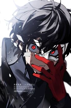 1boy amamiya_ren black_coat black_hair broken_mask coat commentary dated eye_mask gloves hair_between_eyes highres joker_(persona_5) long_sleeves looking_at_viewer male_focus mask parted_lips persona persona_5 red_eyes red_gloves short_hair solo sweatdrop symbol-only_commentary twitter_username upper_body white_background zeka_(skzk_cm)