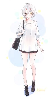 Rule 34 | 1girl, absurdres, alternate costume, azur lane, bag, bare legs, black bag, black boots, black skirt, boots, breasts, casual, collarbone, commentary request, ear piercing, forward-facing horns, full body, handbag, highres, horns, kinu (azur lane), livetarica, low ponytail, medium breasts, medium hair, open mouth, parted lips, piercing, pleated skirt, ponytail, shirt, signature, simple background, skirt, socks, standing, thighs, white background, white shirt, white socks, yellow eyes