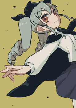 10s 1girl anchovy_(girls_und_panzer) bow brown_eyes cape drill_hair female_focus girls_und_panzer grey_hair hair_bow looking_at_viewer pantyhose simple_background skirt solo tank_(artist) twin_drills