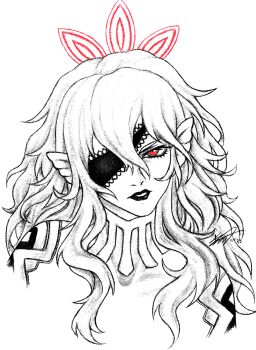 1girl animal_ears bare_shoulders bat_ears black_lips collarbone commentary dated embla_(fire_emblem) english_commentary eyepatch fire_emblem fire_emblem_heroes halo highres kastillia lace-trimmed_eyepatch long_hair messy_hair monochrome nintendo red_eyes red_halo signature solo traditional_media very_long_hair white_background