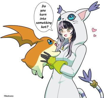 1girl absurdres black_hair breasts cosplay cowboy_shot digimon digimon_(creature) digimon_story:_time_stranger english_text gloves green_gloves grey_hair heart highres holding hololive hololive_english kakudrawmon long_hair multicolored_hair onesie patamon shiori_novella speech_bubble tailmon tailmon_(cosplay) two-tone_hair virtual_youtuber