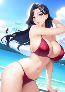 1girl absurdres artist_name bare_shoulders bikini black_hair blue_sky breasts cleavage cloud commentary_request covered_erect_nipples day dutch_angle hand_in_own_hair highres huge_breasts indie_virtual_youtuber lips long_hair looking_at_viewer mature_female mountain nanalili ocean outdoors parted_lips red_bikini red_eyes skindentation sky solo swimsuit virtual_youtuber water
