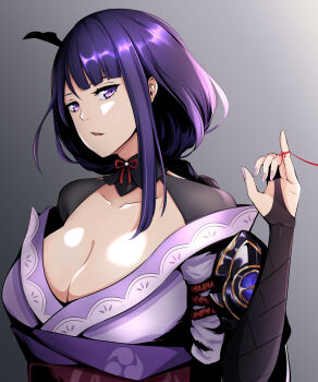 1girl armor blunt_bangs braid breasts bridal_gauntlets cleavage clothing_cutout collarbone commentary_request from_side genshin_impact gradient_background grey_background hair_ornament head_tilt highres japanese_clothes kimono large_breasts long_braid long_hair looking_to_the_side neck_ribbon no_mole off_shoulder open_mouth pinky_out puffy_sleeves purple_eyes purple_hair purple_kimono purple_nails raiden_shogun red_ribbon ribbon shade shin&#039;ya_reiji shoulder_armor shoulder_cutout single_braid solo standing string string_of_fate upper_body