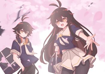 1boy 1girl :d absurdres antenna_hair bag bag_charm beckoning black_bag black_hair black_pants black_pantyhose bloom blue_serafuku blush bright_pupils brooch charm_(object) cherry_blossoms commentary_request flin_kaimane hair_between_eyes hair_flaps headphones headphones_around_neck highres indie_virtual_youtuber jewelry kimurasenpai lin_kaimane long_hair looking_at_viewer neckerchief necktie open_mouth orange_eyes outstretched_hand pants pantyhose pleated_skirt reaching reaching_towards_viewer sailor_collar school_uniform serafuku short_hair short_sleeves shoulder_bag skirt smile spanish_commentary star_brooch virtual_youtuber white_neckerchief white_necktie white_pupils white_sailor_collar white_skirt