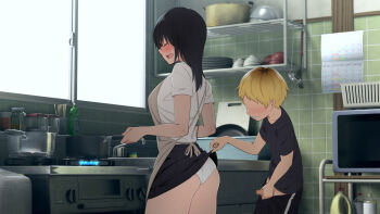 1boy 1girl age_difference annoyed apron ass black_hair blush bottle breasts brother_and_sister calendar censored clenched_teeth closed_eyes clothes_lift cooking cowboy_shot day embarrassed fire frying_pan height_difference highres incest indoors kemuri_haku kitchen legs lifting_another's_clothes male_masturbation masturbation medium_breasts medium_hair mosaic_censoring no_eyes open_mouth original panties pantyshot penis school_uniform siblings skirt skirt_lift standing stove teeth thighs tile_wall tiles toaru_daikazoku_no_okazu_jijou:_mamagawari_onee-chan_funtouki underwear window