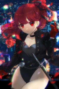 Rule 34 | 1girl, black choker, black jacket, black leotard, breasts, choker, city, city lights, cityscape, cleavage, commentary, cowboy shot, dated commentary, floating hair, gloves, hair ribbon, hand up, heavy lens flare, highres, jacket, lens flare, leotard, long hair, long sleeves, looking at viewer, medium breasts, night, outdoors, persona, persona 5, persona 5 the royal, ponytail, red eyes, red gloves, red hair, ribbon, smile, snapping fingers, solo, sparkle, thighs, violet (persona 5), yoshizawa kasumi, zer00han