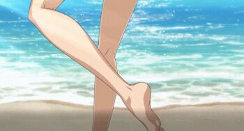 1girl animated animated_gif ass bare_arms bare_legs bare_shoulders barefoot bikini black_bikini blue_eyes breasts cleavage code_geass collarbone crop_top cup drinking_glass drinking_straw food japanese_text kouzuki_kallen large_breasts red_hair super_robot_wars super_robot_wars_dd swimsuit