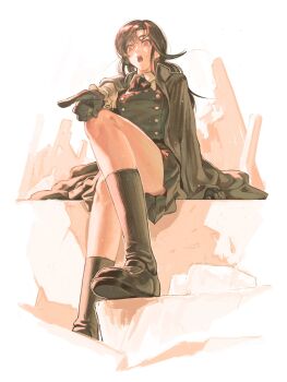 Rule 34 | 1girl, arm rest, black coat, black dress, black gloves, black hair, black shoes, black socks, bow, bowtie, buttons, chainsaw man, coat, collared shirt, commentary request, curtained hair, double-breasted, dress, facial scar, frilled sleeves, frills, from below, full body, gloves, highres, knee up, kneehighs, layered clothes, long hair, monochrome background, mumumi, open mouth, partially shaded face, pleated dress, pointing, red eyes, ruins, scar, scar on cheek, scar on face, school uniform, shirt, shoes, sitting, socks, surprised, yoru (chainsaw man)