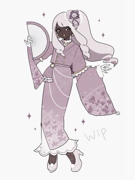 1girl alternate_costume alternate_hairstyle coat dark-skinned_female dark_skin fascinator gloves hand_fan highres holding holding_fan jacinthe_(pokemon) long_hair long_sleeves looking_at_viewer nintendo oromnt pokemon pokemon_legends:_z-a ponytail purple_coat purple_eyes purple_hair purple_skirt skirt smile solo sparkle unfinished very_dark_skin white_gloves