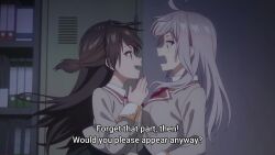 2girls ahoge alisa_mikhailovna_kujou animated anime_screenshot black_skirt black_vest blue_eyes bouncing_breasts breast_press breasts brown_eyes brown_hair close-up eye_contact grey_jacket highres jacket large_breasts long_hair long_sleeves looking_at_another multiple_girls pleated_skirt red_ribbon ribbon school_uniform shirt sidelocks skirt sound subtitled suou_yuki symmetrical_docking tagme tokidoki_bosotto_roshia-go_de_dereru_tonari_no_alya-san vest video white_hair white_shirt yuri