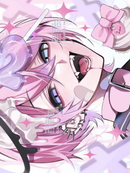 1boy :d blue_eyes blush commentary_request cupcake double-parted_bangs ear_piercing fangs food hair_between_eyes highres kaminoq looking_at_viewer male_focus open_mouth original piercing pink_hair portrait short_hair sideways smile solo tongue_piercing watermark