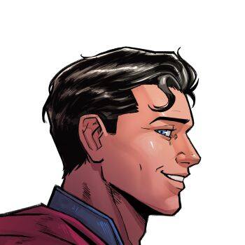 1boy black_hair blue_eyes cape commentary dc_comics english_commentary highres male_focus parted_lips pizza990 portrait profile red_cape sideways_glance simple_background smile solo superman superman_(series) white_background