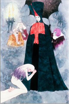 Rule 34 | 1970s (style), 2girls, 3boys, 70s, absurdres, brown hair, character request, empty eyes, fukai kuni, highres, jeanne (kanashimi no belladonna), kanashimi no belladonna, kneeling, long hair, looking at another, multiple boys, multiple girls, nude, official art, oldschool, painting (medium), praying, retro artstyle, scan, smile, standing, studio mushi, traditional media, upper body, very long hair, watercolor (medium)