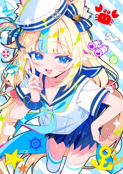 1girl absurdres alternate_costume anchor animal_ear_fluff animal_ears binoculars bird blonde_hair blue_bow blue_eyes blue_nails blue_sailor_collar blue_scrunchie blue_skirt blue_streaks blunt_bangs bow collarbone commentary_request compass crab fang fins fish fish_girl fish_tail hair_bow hand_on_own_hip hat highres ichijo_rei indie_virtual_youtuber lifebuoy_hair_ornament long_hair looking_at_viewer low_twintails nail_polish one_side_up open_mouth sailor_collar sailor_hat sailor_shirt sameko_saba scrunchie seagull seashell shell shirt skirt starfish tail thighhighs thighs twintails very_long_hair virtual_youtuber white_shirt white_thighhighs wrist_scrunchie