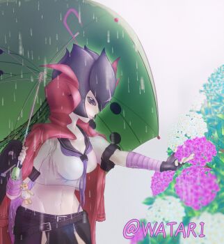 Rule 34 | 1girl, absurdres, bancholilimon, belt, digimon, female focus, flower, highres, monzaemon, rain, solo, togemon