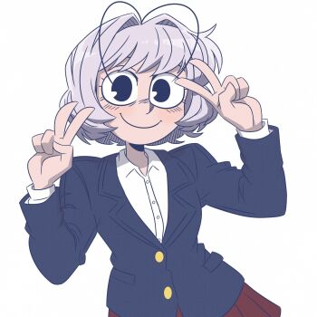 Rule 34 | 1other, androgynous, antenna hair, black eyes, blazer, buttons, collared shirt, double v, hair intakes, highres, jacket, komi-san wa komyushou desu, lapels, long sleeves, looking at viewer, osana najimi (komi-san wa komyushou desu), purple hair, red skirt, sayasushiswag, shirt, short hair, skirt, smile, solo, swept bangs, v, white background