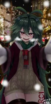 1girl @_@ absurdres alternate_costume antenna_hair artist_name azur_lane blush breasts commentary_request dress green_hair hair_between_eyes heart heart-shaped_pupils highres incoming_hug jacket leg_tattoo long_hair looking_at_viewer meme nakada964 open_mouth outdoors pov pov_cheek_warming_(meme) red_eyes red_jacket scarf small_breasts smile snow solo sweater sweater_dress symbol-shaped_pupils tattoo thighs torricelli_(azur_lane) very_long_hair