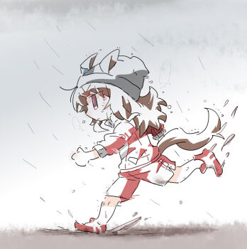 1girl animal_ears beanie beer_hsk brown_hair commentary_request dirty dirty_clothes ears_through_headwear from_side full_body grey_hat gym_shorts hat horse_ears horse_girl horse_tail jacket long_hair nakayama_festa_(umamusume) outdoors overcast purple_eyes rain red_jacket red_shoes red_shorts running shoes shorts sky solo tail track_jacket umamusume