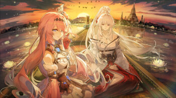 2girls absurdres bare_shoulders blue_eyes breasts cleavage closed_mouth commentary denia_(wuthering_waves) detached_sleeves english_commentary evening flower_on_liquid gloves hair_intakes hair_ribbon hakama hakama_skirt hand_up high_ponytail highres hiyuki_(wuthering_waves) japanese_clothes jewelry kimono large_breasts long_hair looking_at_viewer md5_mismatch medium_breasts multiple_girls necklace off_shoulder official_art orange_sky pink_hair ponytail red_eyes red_gloves red_hakama red_ribbon ribbon sitting skirt sky smile source_mismatch white_hair white_kimono wuthering_waves xude