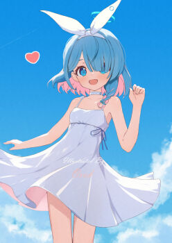 arona_(blue_archive) bare_shoulders blue_eyes blue_hair blue_halo blue_sky bob_cut child chocker choker cloud cloudy_sky day dress hair_between_eyes hairband halo heart multicolored_hair one_eye_covered open_mouth oruk outdoors sky sleeveless sleeveless_dress sleeveless_dress_shirt smile summer sundress two-tone_hair white_dress