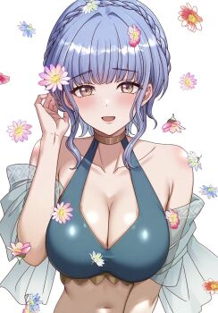 1girl :d adjusting_hair bare_arms bare_shoulders bikini blue_bikini blue_hair braid breasts brown_eyes cleavage collarbone commentary_request crown_braid fire_emblem fire_emblem:_three_houses fire_emblem_heroes hand_up highres large_breasts looking_at_viewer marianne_von_edmund marianne_von_edmund_(summer) navel nintendo official_alternate_costume ootuk open_mouth smile solo stomach swimsuit upper_body white_background