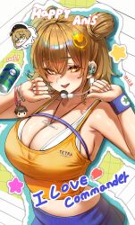 1girl absurdres anis_(nikke) bra_strap bra_visible_through_clothes bracelet breasts brown_eyes brown_hair camisole cleavage double_bun earclip goddess_of_victory:_nikke hair_bun hair_ornament hairclip headset highres jewelry jindogod large_breasts looking_at_viewer midriff open_mouth short_hair solo white_nails