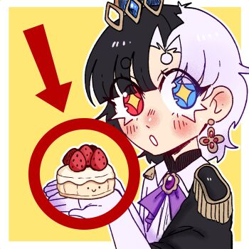 Rule 34 | + +, . ., 1girl, :o, absurdres, arrow (symbol), ascot, black hair, blue eyes, blush, border, cake, chromashift, closed mouth, collared shirt, commentary, earrings, english commentary, epaulettes, eyelashes, food, fruit, heterochromia, highres, holding, jewelry, lucinda grey, meme, multicolored hair, open mouth, outline, purple ascot, red arrow and circle (meme), red circle, red eyes, rin penrose, shirt, short hair, simple background, single epaulette, smile, split-color hair, strawberry, strawberry shortcake, two-tone hair, white border, white hair, white outline, yellow background