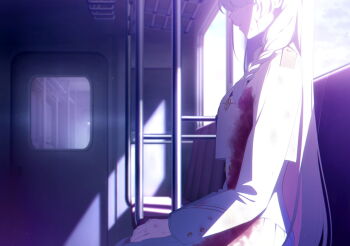 1girl aiguillette aqua_hair artist_request bleeding blood blood_on_clothes blood_on_face blue_archive braid buttons cropped_jacket cuts day double-breasted epaulettes game_cg general_student_council_president_(blue_archive) gold_buttons hand_grip hand_on_lap highres injury jacket long_hair long_skirt medal multicolored_hair non-web_source official_art pink_hair pleated_skirt profile shirt single_braid sitting skirt smile solo spoilers train_interior two-tone_hair very_long_hair white_jacket white_shirt white_skirt window