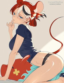 1girl all_fours animal_ears black_hair black_panties black_shirt blue_eyes breasts finger_to_mouth folded_ponytail from_side hakos_baelz highres hololive hololive_english large_breasts looking_at_viewer mouse_ears mouse_girl mouse_tail mr._squeaks_(hakos_baelz) multicolored_hair panties red_hair shirt short_sleeves solo streaked_hair sunsetskyline sweat tail underwear virtual_youtuber white_hair