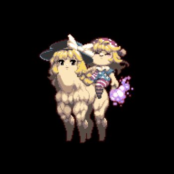 2girls american_flag_dress american_flag_legwear black_background black_headwear blonde_hair bow chibi clownpiece commentary_request fire full_body half-closed_eyes hat hat_bow highres holding holding_torch jester_cap kanmarisa_(meme) kirisame_marisa looking_at_viewer looking_to_the_side meme multiple_girls muscular neck_ruff open_mouth pantyhose pink_eyes pink_fire pixel_art polka_dot_headwear riding simple_background smile striped_clothes striped_pantyhose tonchamon_san torch touhou what white_bow witch_hat