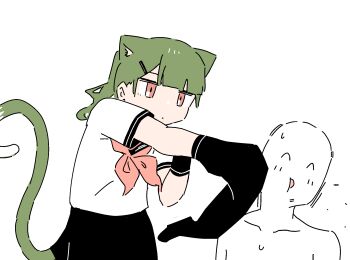 animal_ears animated animated_gif black_socks boxing cat_ears cat_girl cat_tail expressionless green_hair highres kneehighs low_twintails punching rag-chan ragcats rid0922 school_uniform serafuku simple_background socks tail twintails