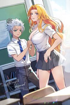1boy 1girl adjusting_another's_clothes anger_vein aqua_eyes bleach blue_eyes blue_necktie bookshelf breasts bulletin_board buttoning chair classroom cleavage commentary_request commission curtains desk diagonal-striped_clothes diagonal-striped_necktie dutch_angle highres hitsugaya_toushirou karakura_high_school_uniform large_breasts lens_flare long_hair matsumoto_rangiku miniskirt mole mole_under_mouth necktie orange_hair pleated_skirt school_chair school_desk school_uniform second-party_source skirt striped_clothes very_long_hair watermark white_hair yi_shi_jie_de_chu_xin_zhe