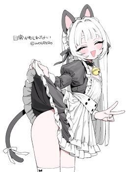 1girl :d absurdres animal_ears apron bell black_dress black_ribbon blush cat_ears cat_tail choppy_bangs closed_eyes clothes_lift contrapposto dot_nose dress facing_viewer frilled_apron frilled_dress frills hair_intakes hair_ribbon hand_up head_tilt highres juliet_sleeves leaning_to_the_side legs_together lifting_own_clothes long_hair long_sleeves maid neck_bell nichijou_kamoshirenai open_mouth original puffy_sleeves revision ribbon skirt skirt_lift smile solo straight_hair tail thighhighs thighs v very_long_hair white_apron white_hair white_thighhighs wolrero