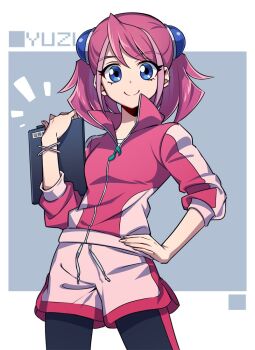 1girl blue_eyes dolphin_shorts gym_uniform hiiragi_yuzu image_sample japanese_text multicolored_hair pink_hair pira_811 shorts solo twintails twitter_sample two-tone_hair yu-gi-oh! yu-gi-oh!_arc-v